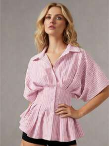 Women's Striped Peplum Blouse Button Down Collared Short Puff Sleeve Cinched Waist Shirt For Casual - 粉色 - 查看 1