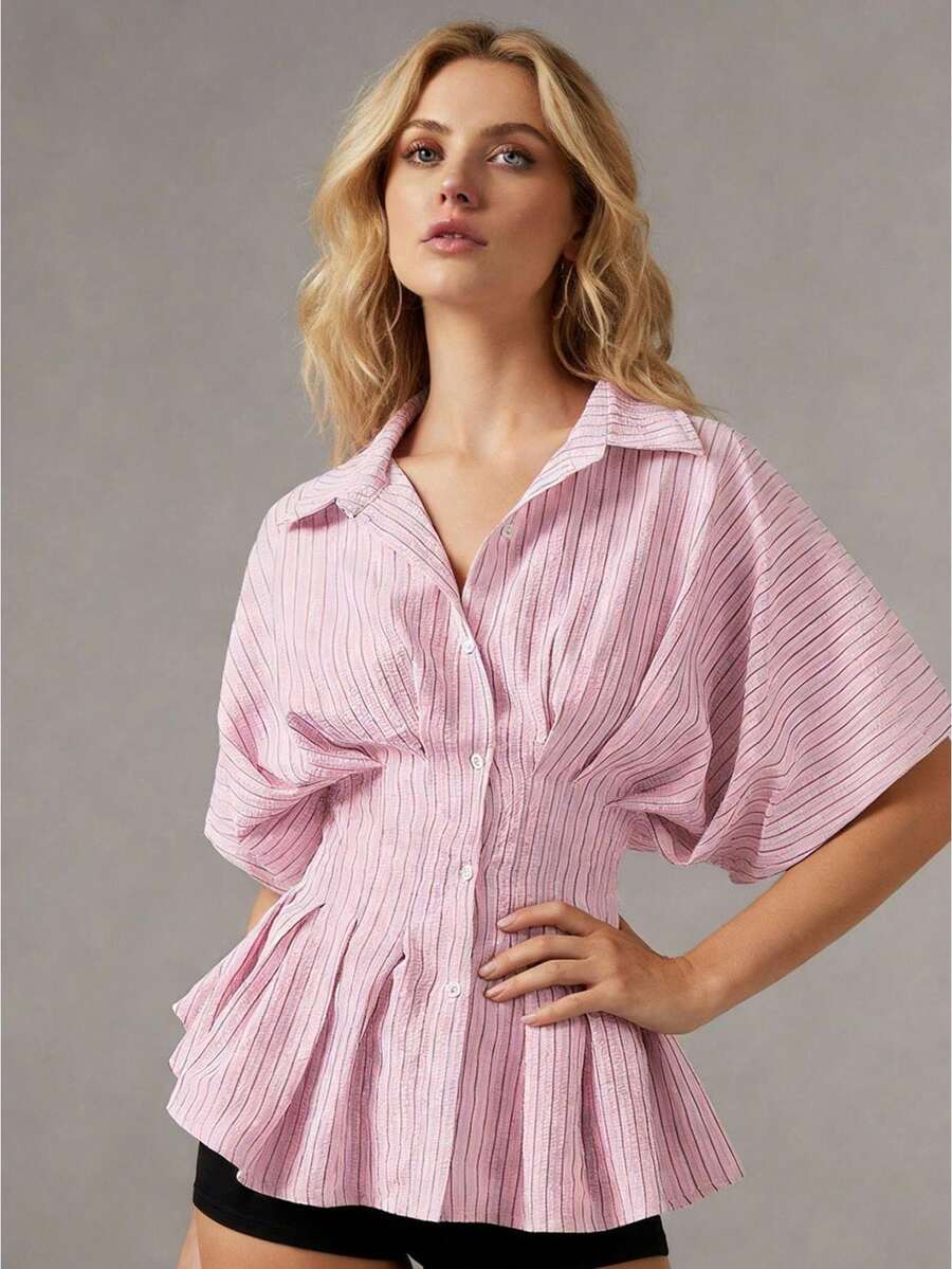 Women's Striped Peplum Blouse Button Down Collared Short Puff Sleeve Cinched Waist Shirt For Casual - 粉色 - 查看 1