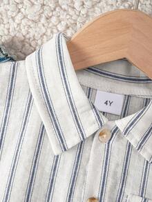 Boys' Blue & White Vertical Striped Short Sleeve Button-Up Shirt, Suitable For Back To School, Vacation, Street Style & Daily Wear - Navy Blue - View 4