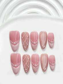 10件套粉色法式亚克力美甲套装，包含亚克力美甲贴纸、白色珍珠装饰、粉色网格手绘图案、白色猫眼指甲油，风格优雅时尚，附赠美甲工具（1张果冻贴纸+1把指甲锉）。提供三种形状：方形、短方形、杏仁形。适合派对、春夏，是送给女性和女孩的绝佳礼物。 - 彩色 - 查看 3