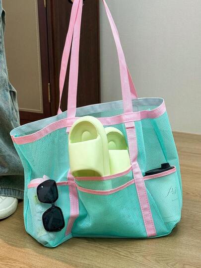 1pc Quilted Open-Top Mesh Beach Bag, Large Capacity Beach Travel Vacation Storage Bag, Portable Foldable Swimming Fitness Storage Bag, Washroom Bag, Toy Storage Bag