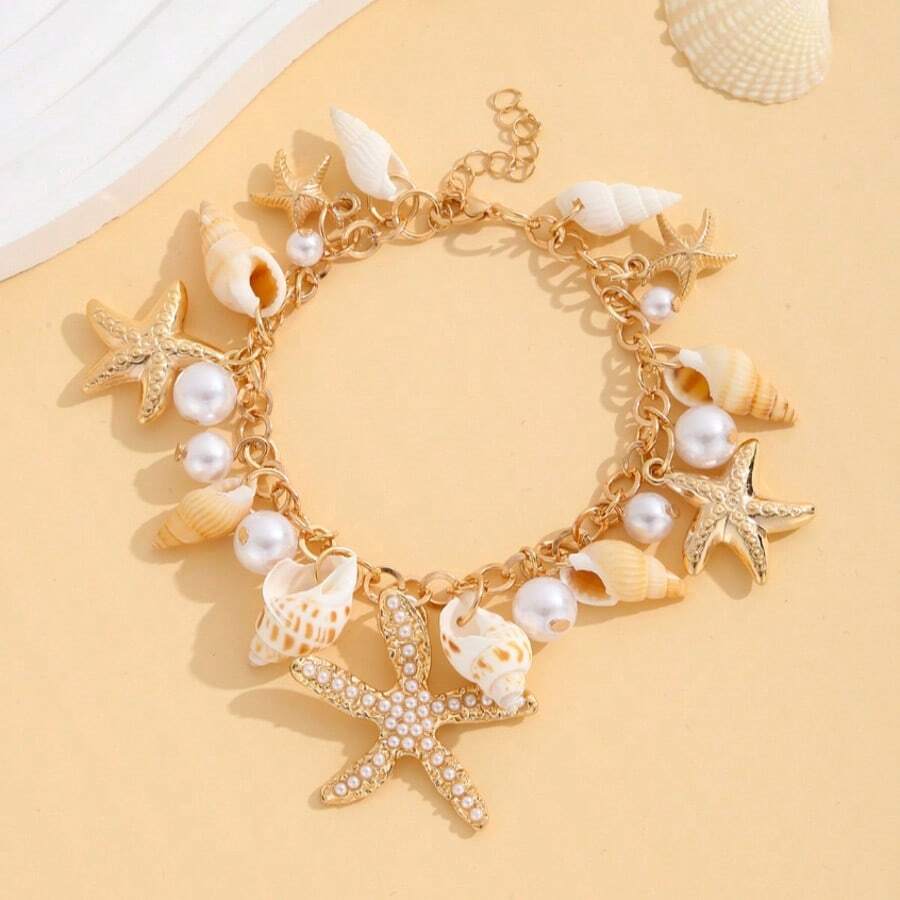 1pc Fashionable Niche Ocean Style Faux Pearl Starfish Pendant Anklet, Suitable For Summer Beach, Party, Date, Daily Wear Jewelry Gift - Multicolor - View 1
