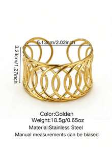 1pc Fashionable Hollow Geometric Stainless Steel Bangle Bracelet, Suitable For Women To Wear On Beach Vacation Or As Gift For Friends - Yellow Gold - View 2