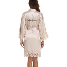 Crystal Dew Women's Lace Trim Bride Kimono Robes With Embroidery Bridal Silky Satin Bathrobe Wedding Party Sleepwear - 香檳伴娘 - 查看 1