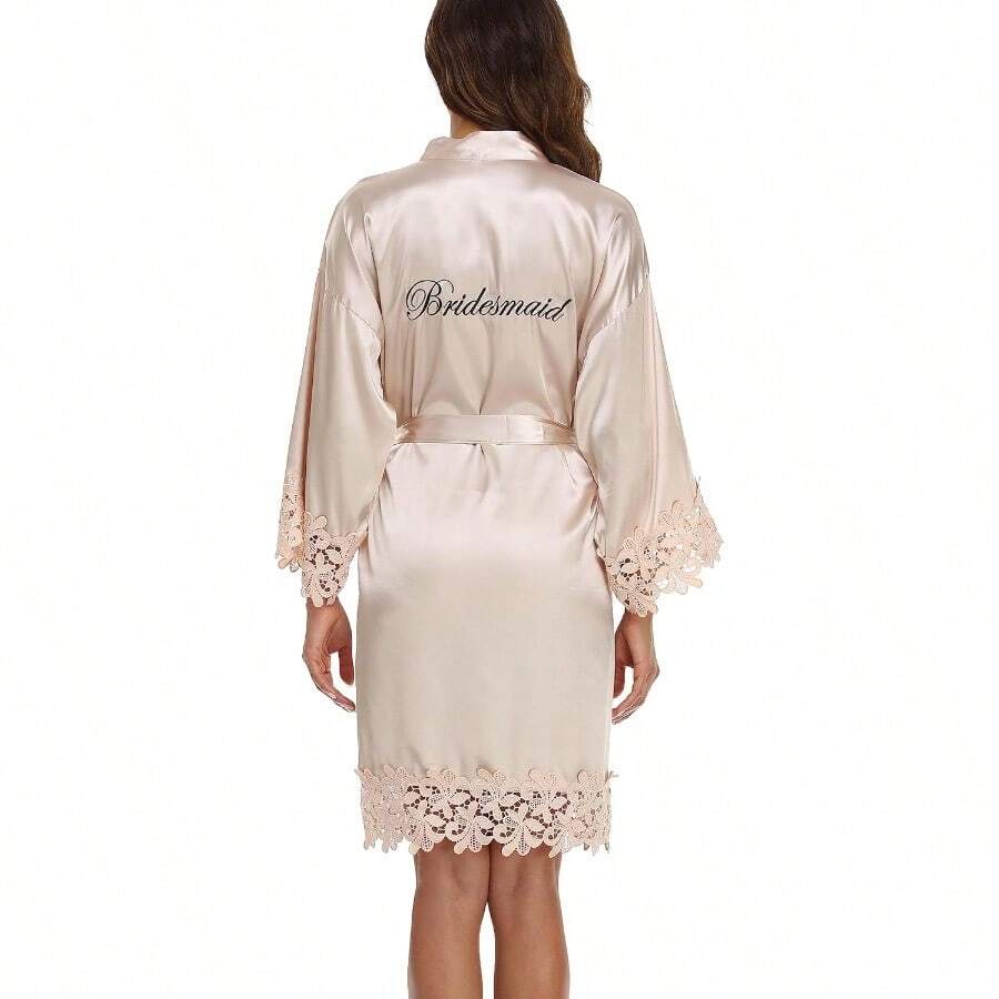Crystal Dew Women's Lace Trim Bride Kimono Robes With Embroidery Bridal Silky Satin Bathrobe Wedding Party Sleepwear - 香檳伴娘 - 查看 1
