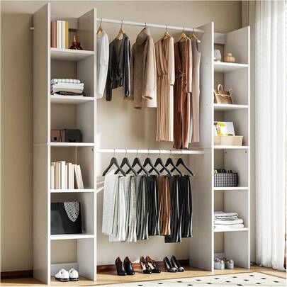 Perchero para Ropa, Armario armable para Ropa,Armario para Ropa con Dos Filas de Compartimentos de Almacenamiento,155 x 30 x 181 cm (Blanco)