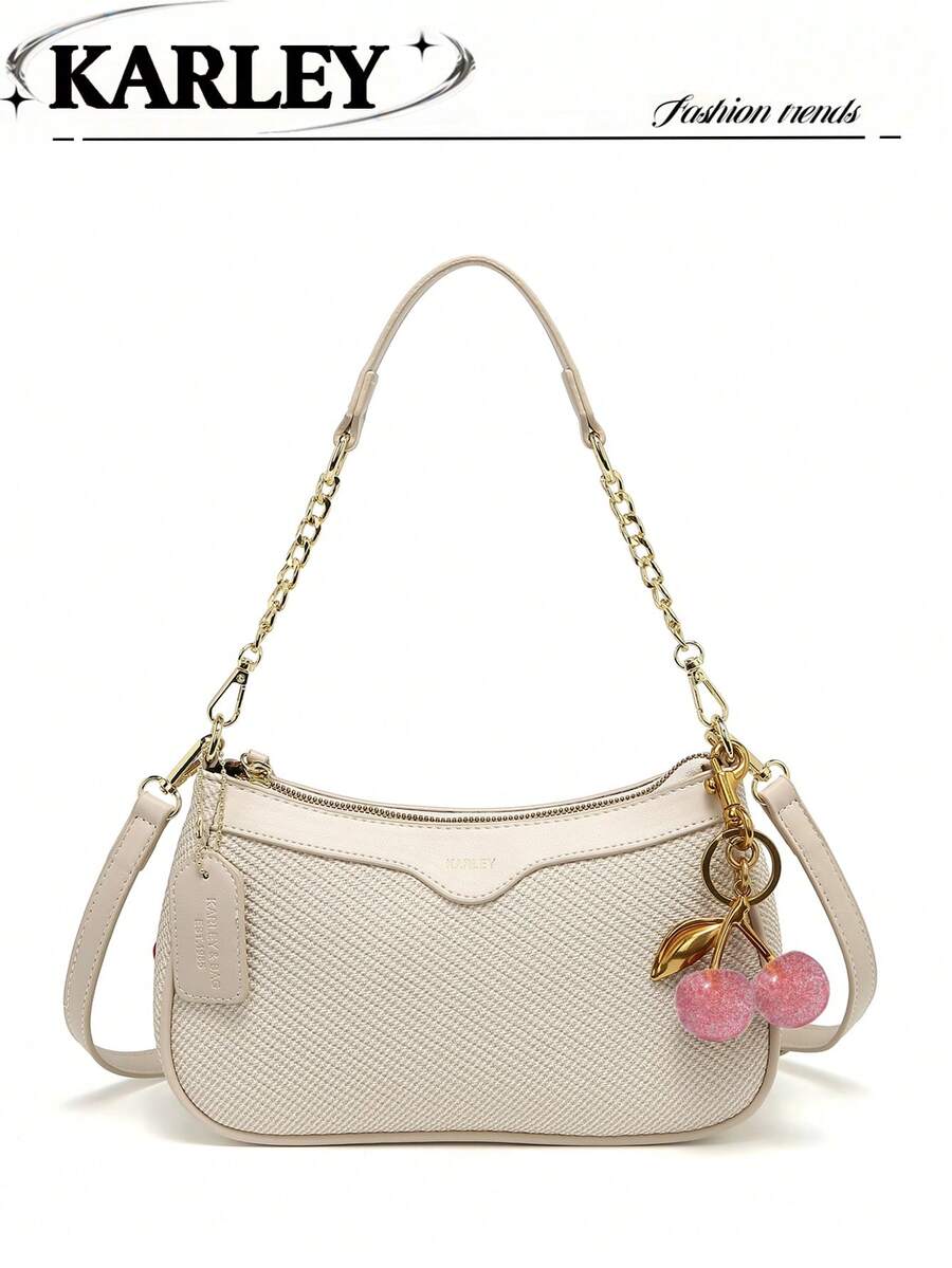 2025新款经典百搭字母图案纯色PU皮革单肩包，适合购物，可斜挎 - 白色 - 查看 1