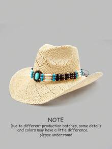 1顶男女通用宝石装饰西部牛仔帽，镂空印花草帽，春夏旅行防晒沙滩帽，休闲遮阳帽（收到产品后，如果帽檐变形，需要手动调整恢复原状） - C - 查看 27