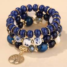 Pulsera personalizada de 3 capas, pulsera elástica multicapa con cuentas de vidrio de colores y textura cerámica, accesorios clásicos - Multicolor - Ver 5