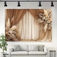 1 Stück Boho-Stil Blumen, Schilf und braunes Fenstervorhang Hintergrund Design Muster, Polyester Stoff Hochauflösender Muster, geeignet für Hochzeit, Garten, Festivalfeier, Heimdekoration und Fotohintergrund - A - Übersicht 4