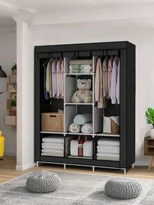 Organizador de ropa de armario portátil Cubierta no tejida con 6 estantes de almacenamiento, 2 secciones colgantes Negro - Negro - Ver 5