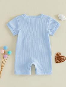 Newborn Baby Boy Summer Romper Letter Embroidered Short Sleeve Crewneck Waffle Bodysuit - Azul - Ver 2
