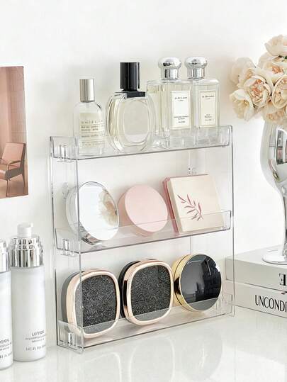 1PC Perforated Free Wall Mounted Cosmetics Storage Rack, Desktop Multi-Layer Display Rack, Transparent PET Material, Household Bedroom Bathroom Cosmetics Storage Rack, Nail Polish, Lotion Face Cream, Perfume, Set Makeup, Eye Shadow Plate, Etc., Suitable For Bathroom, Bedroom, Campus Dormitory, Beauty Salon, Home Storage And Space Saving Decoration Storage