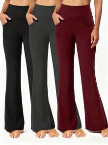High Waisted Flared Yoga Pants 3-Pack - Breathable Booty Lifting Trousers With Side Pockets For Spring Walks, Summer Evening Strolls & Vacation Getaways | #SummerOutfitsForWomen #SpringOutfits #TravelEssentials - 3 chiếc màu đen, xám và đỏ - Xem 1