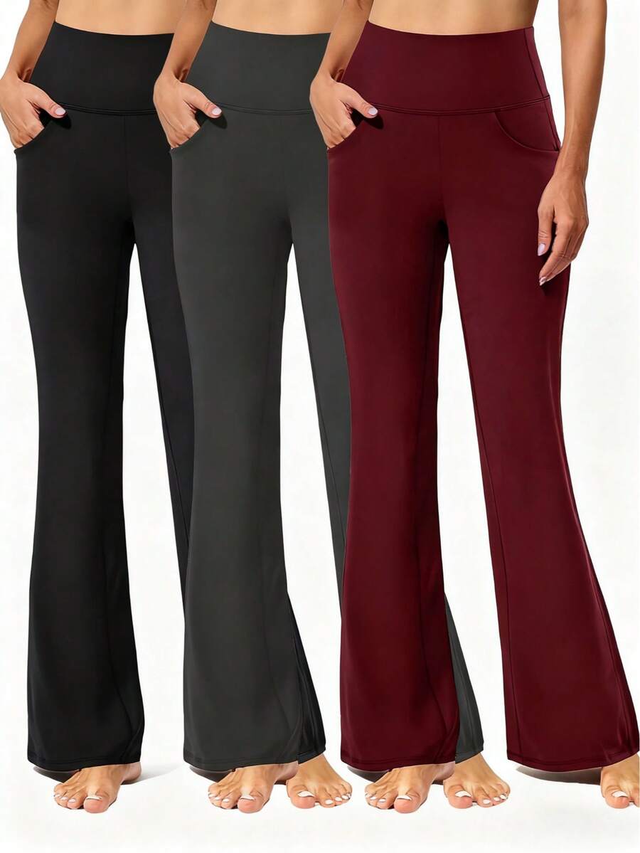 High Waisted Flared Yoga Pants 3-Pack - Breathable Booty Lifting Trousers With Side Pockets For Spring Walks, Summer Evening Strolls & Vacation Getaways | #SummerOutfitsForWomen #SpringOutfits #TravelEssentials - 3 chiếc màu đen, xám và đỏ - Xem 1