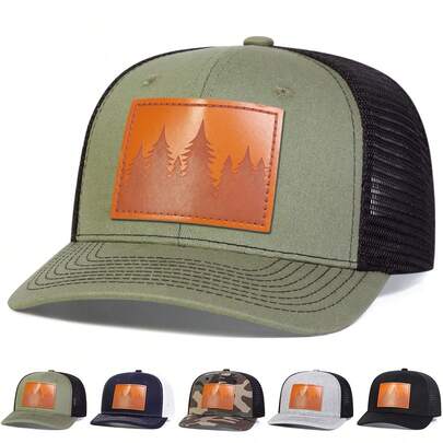 1pc Men's Slightly Curved Brim Baseball Cap With Mountain Pattern, Trucker Hat With Tree Print Leather Label, Breathable Mesh For Casual, Travel, Beach, Spring & Autumn