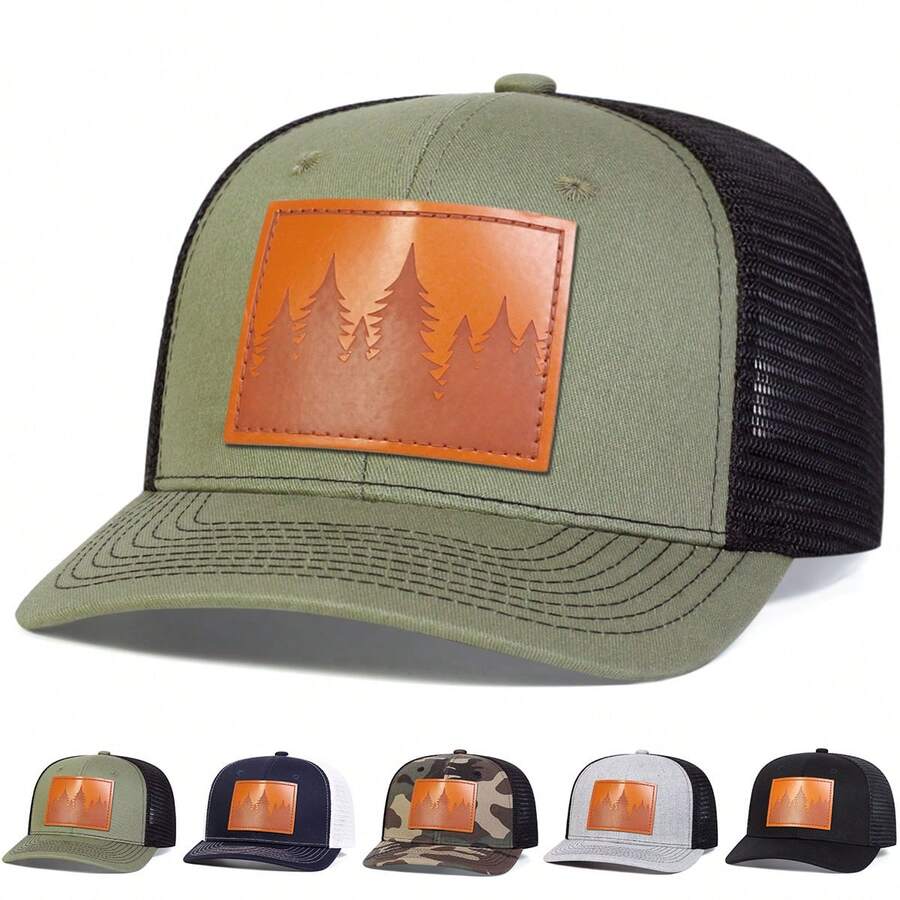 1pc Men's Slightly Curved Brim Baseball Cap With Mountain Pattern, Trucker Hat With Tree Print Leather Label, Breathable Mesh For Casual, Travel, Beach, Spring & Autumn - Multicolor - View 1
