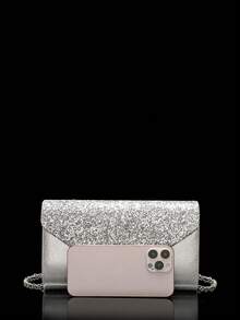 LETODE Women's Evening Clutch Bag With Rhinestone Ear Clips, Bridal Wedding Necklace, Bracelet, Dangle Shiny Sequin Handbag - Silver - View 9
