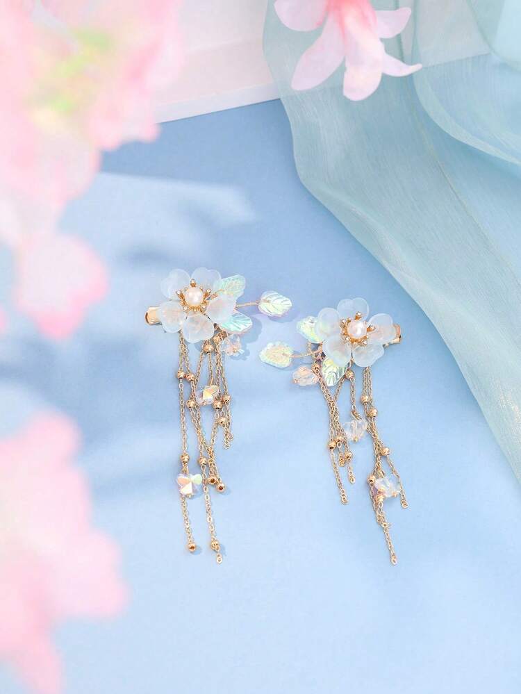 2 piezas Clips para el cabello con borlas y flores de granado al estilo chino, lindos y dulces, regalo para mujeres, adecuados para uso casual diario, verano, vacaciones y viajes - Celeste - Añade 3