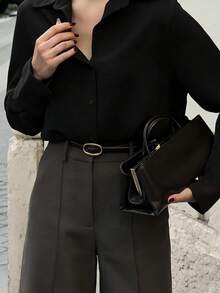 女士休闲宽松优雅通勤简约柔软时尚POLO领长袖衬衫，适合通勤、工作、居家等各种场合，四季皆宜，黑色春季款 - 黑色 - 查看 6