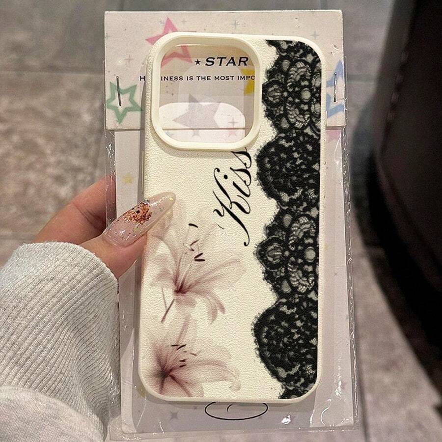 1pc TPU Material Elegant Black Lace Pink Lily Pattern Phone Case Suitable For IPhone 17 Pro Max/17/16 Pro Max/15/13/12/11, S20 FE/A15/S24/A55, Note 11/Note 12/Note 13 Pro, Full Coverage Anti-Drop Soft Protective Phone Cover - White - View 1