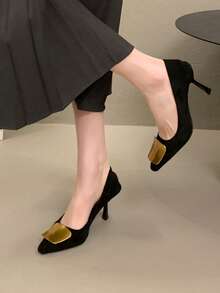 法国麂皮金属方扣尖头细高跟鞋，拉长显瘦，适合通勤 - 黑色 - 查看 3