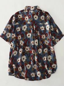 Women's Floral Print Short Sleeve Shirt, Suitable For Vacation And Daily Wear Summer - Blue Background With White Flowers - View 4
