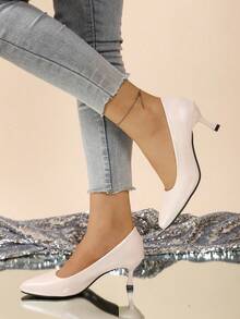 Pointed Toe Women's Pumps, Slim High Heels, Low Vamp Minimalist Work Shoes - Beige - View 2