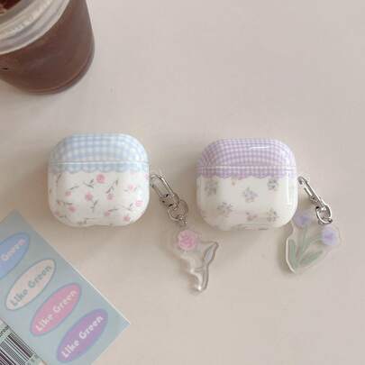 Purple Plaid & Ditsy Floral Protective Case Compatible With Apple Pro 3/2/4, Acrylic Earphone Case, Suitable As Holiday/Gift For Girlfriend