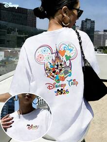 Loose Fit "Disney Trip 2026" Mickey Head Castle Front And Back Printed T-Shirt, Suitable For Summer And Spring, Short Sleeved Top, Women's Clothing, Holiday Gift Party Clothing. - 白色 - 查看 1