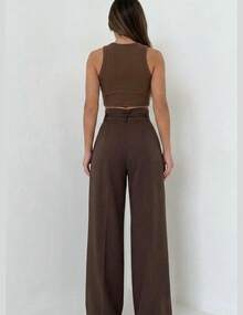 Women's High-Waisted Wide-Leg Trousers, Elegant And Comfortable, Tailored, With Belt And Tie Closure, Suitable For Office Wear In All Seasons. - 咖啡棕 - 查看 2