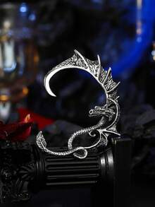 1 pieza Pendientes de dragón 3D retro y punk de estilo europeo y americano a la moda, pendientes de estilo gótico exagerado adecuados para el uso diario en la calle de los hombres - Plateado - Ver 4