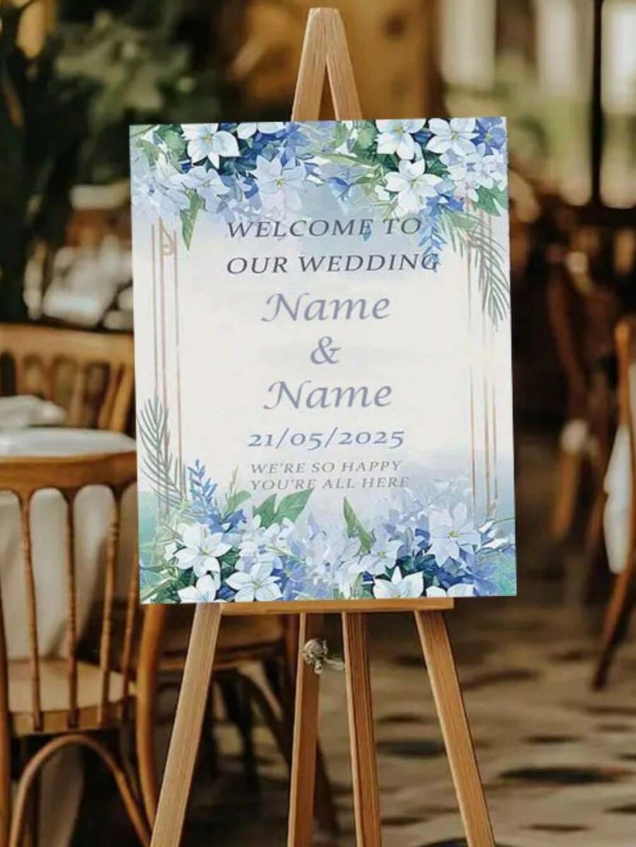 定制婚礼欢迎牌,可刻姓名和日期 - 优雅蓝色花卉婚礼纪念牌匾,适用于婚礼、周年纪念、招待会展示 - 可定制,适用于桌面或墙面装饰 - 多色7 - 查看 1