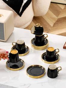 1 Cup 1 Saucer / 6 Cups 6 Saucers, 110ml + 4.5inch Ceramic Cup & Saucer Set, Electroplated Gold Design, Luxury Minimalist Style, Coffee/Tea Set For Home, Office, Living Room, Kitchen, Gift - Black - View 4
