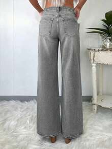 Quần jeans ống rộng nữ thanh lịch và thoải mái, chất liệu denim, màu trơn đã qua xử lý, dài đến mắt cá chân, độ co giãn vừa phải. - Màu Xám nhạt - Xem 3