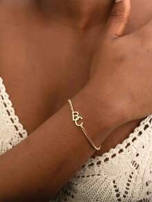 1PC Custom Two Initial Bracelet, Interlocking Letter Bracelet With Cuban Chain, Stackable Bracelet, Couple Bracelet, Christmas Gifts For Mom - Multicolor - View 7