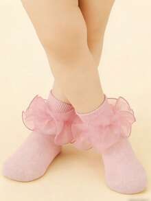 1 Pair Girls Princess Pink Ruched Floral Lace Trim Socks - Pink - View 2