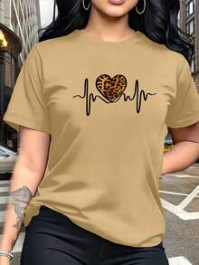 Women'S Casual Short Sleeve T-Shirt With Heartbeat & Leopard Print - With Heart Design, Round Neck, Medium Stretch, All-Season Comfort Fit For Casual Attire - 卡其色 - 查看 12