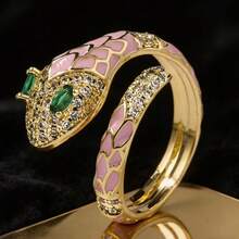 一对绿色蛇眼造型开口戒指，奢华创意滴油蛇形可调节戒指 - 彩色 - 查看 7