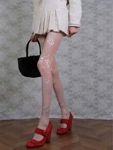 1 Pair Women's Silver Foil Printed Pantyhose, Thin Sexy Tight Summer Stockings, Fashion Versatile For Daily Wear - Apricot - View 4