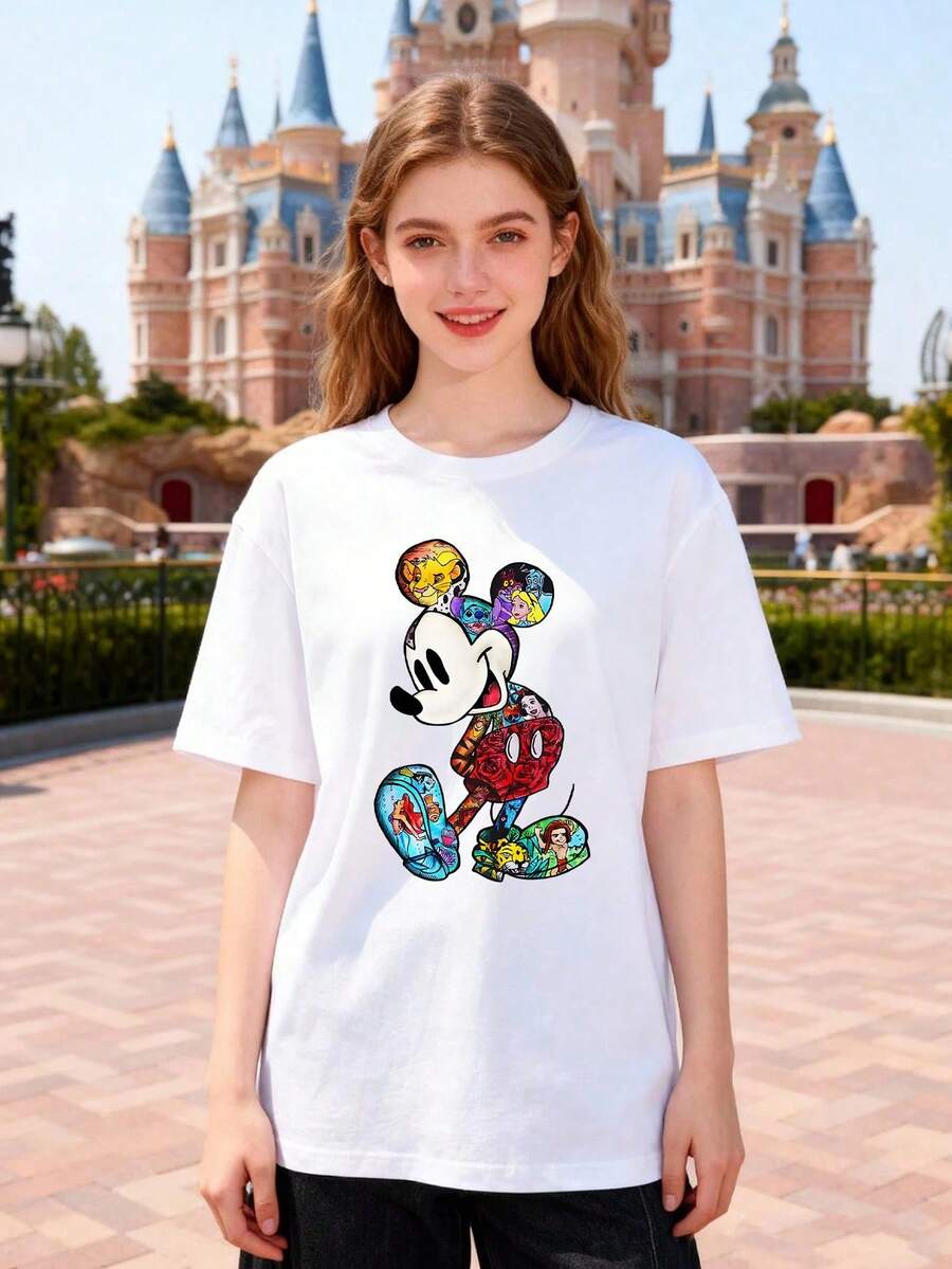 Disney Casual Women's Short Sleeve Round Neck Cotton T-Shirt With Colorful Mickey Mouse Print Regular Fit Summer Top - 白色 - 查看 1