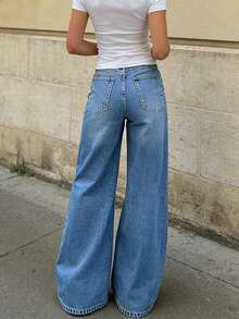 Jeans de cintura alta estilo "American Baddie", jeans rectos de pierna suelta con estilo retro para mujeres, casuales para todas las estaciones de primavera - Azul lavado medio - Ver 2