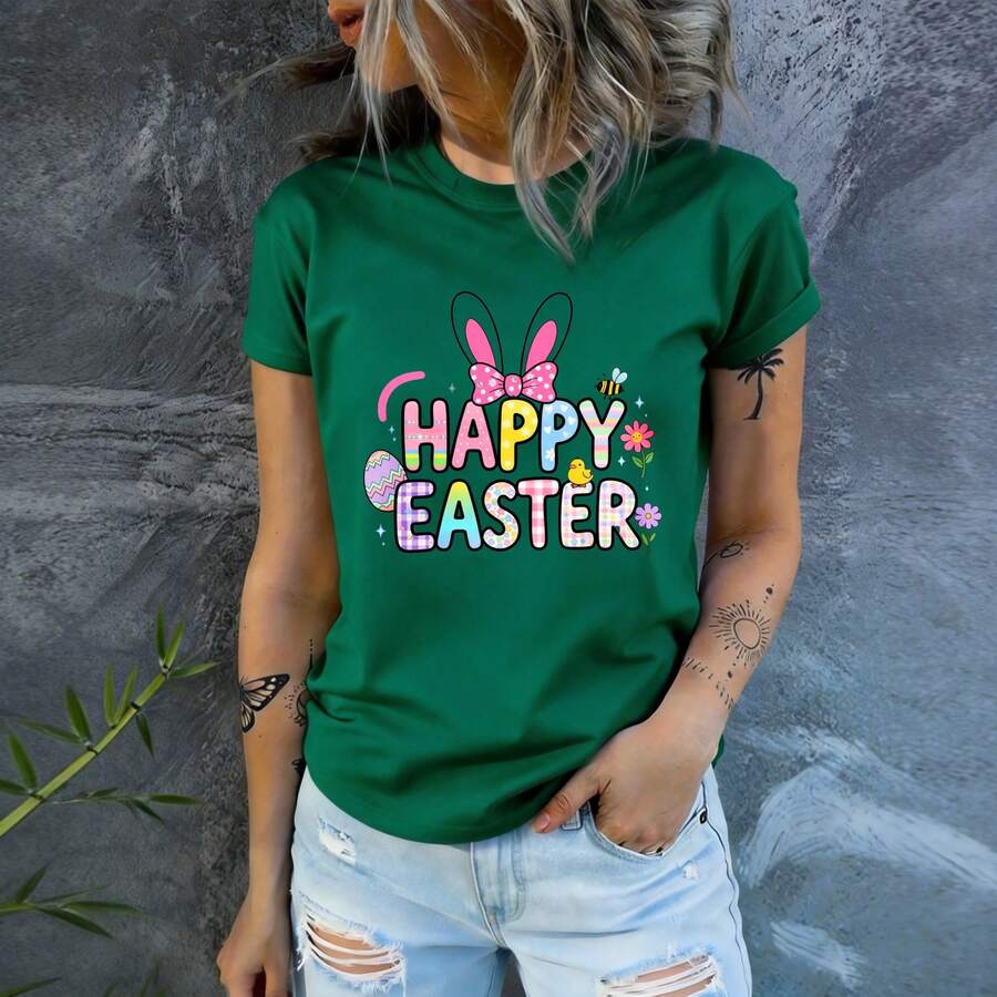 Women's T-Shirt Oversized Retro Graphic Print Easter Happy Easter Slogan Print Easter Egg Hunt Vibrant Print Machine Washable True To Size - 竹綠色 - 查看 1