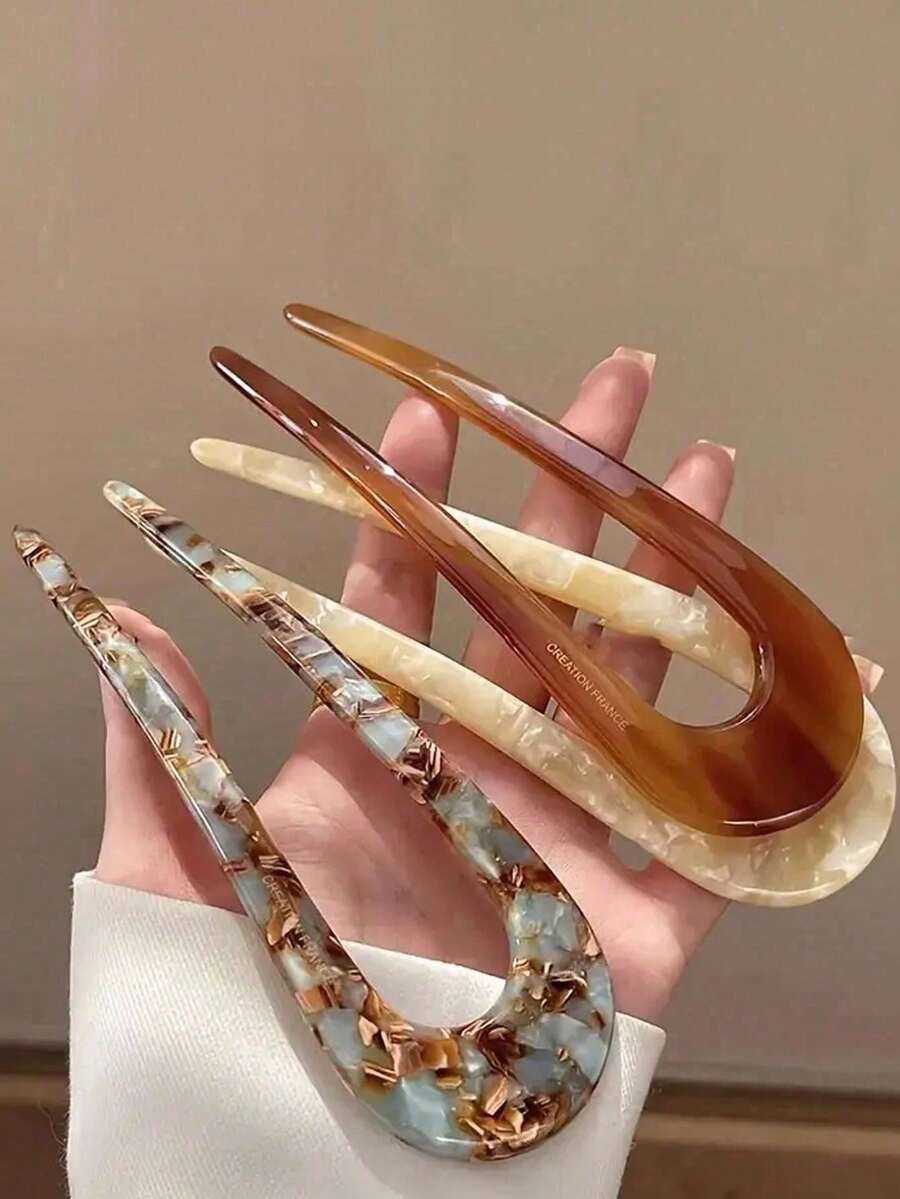 法式扭辫发叉 - 醋酸纤维素U型双齿发夹,适合女性,优雅发饰,复古发饰,自然彩虹色,夏季,假日,旅行,头部配饰,发髻延长器,发型发夹,节日,生日 - 彩色 - 查看 1