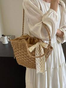 Túi cói dung tích lớn mới, túi tote dệt thủ công trang trí nơ ren cho kỳ nghỉ hè ở bãi biển. - Màu Khaki - Xem 5