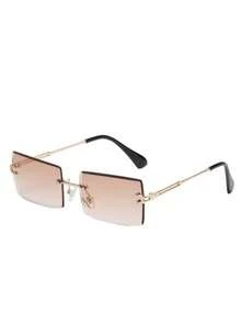 1 par de gafas rectangulares sin marco metálico con efecto ombre, adecuadas para uso al aire libre y de viaje - Marrón degradado - Ver 4