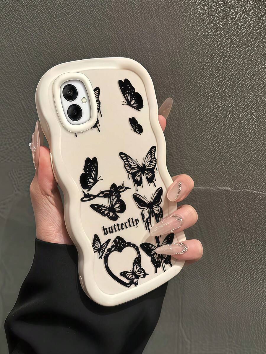 柔软硅胶手机壳，马卡龙边缘波浪纹理，哑光表面，创意蝴蝶图案，兼容 Moto G04/05/13/14/15/24/34/35、A12/A13/A14/A15/A16/A17/A04/A05/A06/A07/A51/A54/A55/A56/A34/A35A/36/S25/S25Plus/S25Ultra、A54 - 波浪白色 - 查看 1