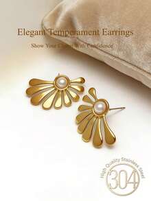 两对金色珍珠耳环，优雅婚礼耳环，14K镀金不锈钢耳环，轻盈低敏，时尚饰品，创意不对称几何简约珍珠耳环，适合女性日常休闲佩戴 - 金色 - 查看 3