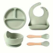 8pcs Baby Silicone Tableware Set, Feeding Utensils, Bib, Plate, Bowl, Straw Cup, Fork & Spoon, Teether, Ice Tray - Multicolor - View 15