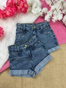 Girls' Denim Shorts With Internal Adjustment, Adjustable Waist, Folded Hem, Comfortable, Children's Fashion. - 中等水洗藍 - 查看 16